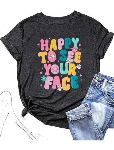 ALLTB First Day of School Shirt Happy to See Your Face Shirts Women Back to School T-Shirt Teacher Life Tee Tops