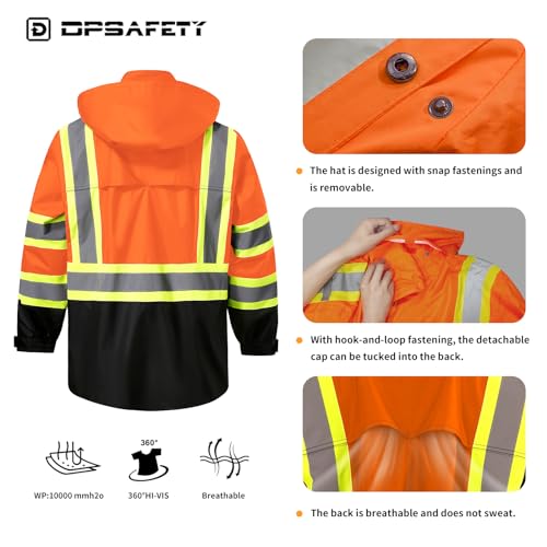 Image of Reflective Rain jackets for men waterproof,Hi Vis Safety Coat With Reflective Strips,High Visibility Class 3 Rain jackets With 2 large pockets,Zipper,Orange,LG /XL