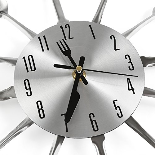 CIGERA 16 Inch Large Kitchen Wall Clocks with Spoons and Forks,Great Home Decor and Nice Gifts,Sliver