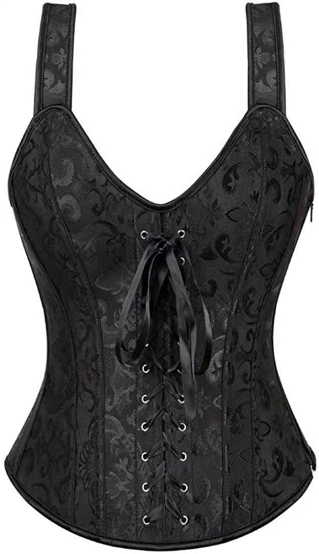 Women's Lace up Gothic Jacquard Shoulder Straps Tank Overbust Shaper Corset Bustiers Top