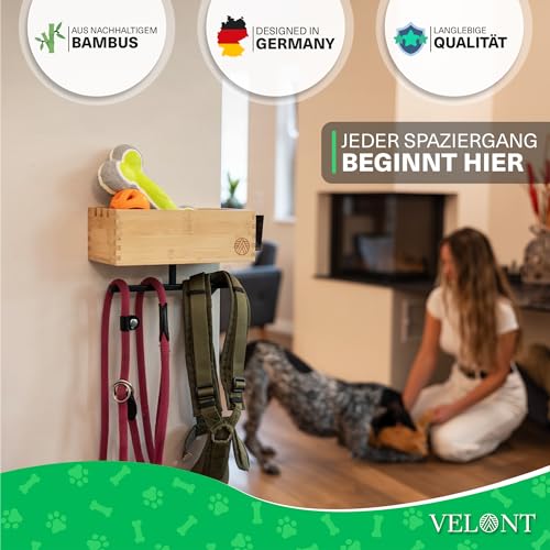 VELONT Hundegarderobe mit Ablage Personalisiert - Größe XL - Perfekter Leinenparkplatz - Bambus - Dogstation für Leinen & Zubehör - Inkl. Kotbeutelspender und Montagekit (01 L)