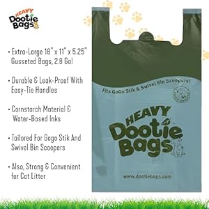   HEAVY-Dootie-Bags-with-EZ-Tie-Handles-Clean-and-Convenient-for-Pet-Dog-Poop-Cat-Litter-Multi-Use-Great-for-Swivel-Bin-and-Gogo-Stik-Scoopers-Made-with-Cornstarch-Strong-Leakproof-and-Very-Large