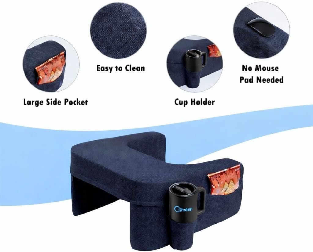 Lap Desk Pillow with 40oz Tumbler, Ergonomic Portable Laptop Desk Cushion for Bed with Arm Support, Gaming Pillow, Reading Pillow Arms, Lap Tray Cushion, Tablet & Laptop Lap Table Workstation