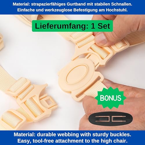 Hochstuhl 5-Punkt Gurtsystem, 1 Set, kompatibel mit Hauck, Stokke Tripp Trapp, Roba, uvm., in Beige, Gurt mit Brustclip, verstellbarer Kinderhochstuhl Sicherheitsgurt, Hochstuhlgurt 5 Punkte System