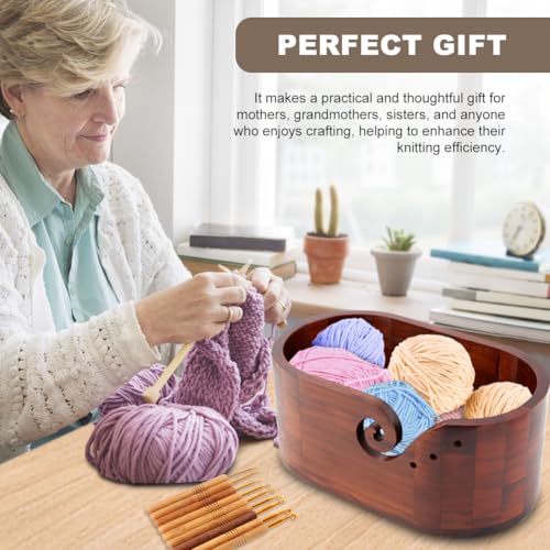 Image of Wooden Yarn Bowl with 9pcs Knitting Hooks,Oval Knitting Yarn Bowl for Crocheting,Handmade Knitting Yarn Holder,Wood Storage Crochet Bowl for Crocheting and Knitting Lovers(Brown)
