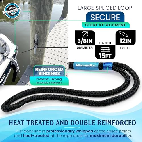 Image of Premium Nylon Boat Dock Lines & Ropes for Docking 3 /8'' x 15' | Double Braided Marine Rope & Mooring Line| Boat Ropes for Docking with Loop | UV & Saltwater Resistant Dock Ropes for Boats & Pontoons