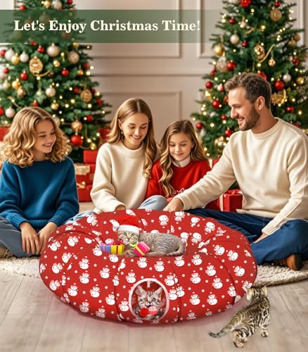 Image of Pawaboo Cat Tunnel Bed Under Christmas Tree, 35.4'' Christmas Cat Toy Circle Tunnel with Ball, Cats Tunnels Christmass Tree Skirt Decorative Festive Foldable Kitty Tube Tunnels for Cats(Red Snowman)
