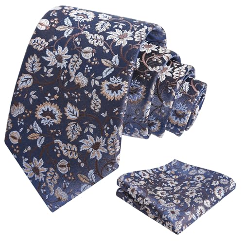 Image of Alizeal Mens 3.15inches Leaf Flower Pattern Tie Set | Floral Pattern Pocket Square Perfect for Fall Winter Business and Holiday Events