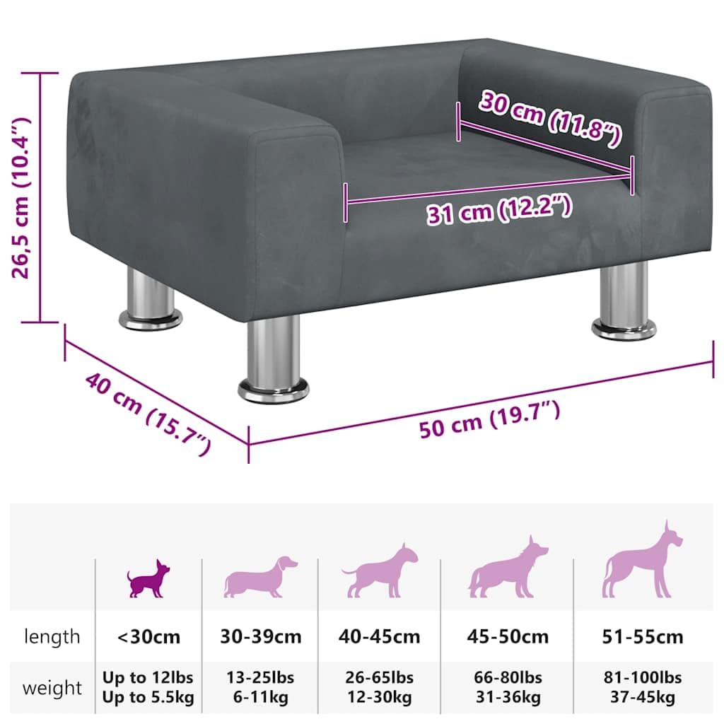 Hundebett Dunkelgrau 50x40x26,5 cm Samt Kiefernholz Sofa für kleine Hunde Modernes Design Robuste Stahlbeine Kuscheliges Kissen für Wohn- und Schlafzimmer