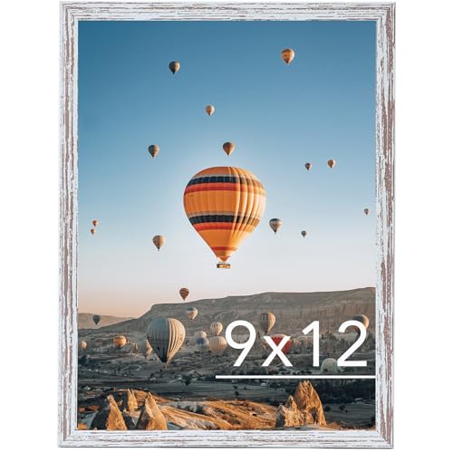 Image of JCJMY 9x12 Picture Frame Rustic White for Wall Hanging, Wall Mounting Horizontally or Vertically, 9 x 12 Wall Gallery Poster Photo Frame with Shatter Resistant Plexiglass, Rustic White