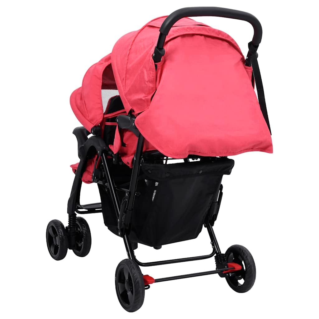 Passeggino gemellare, rosso, acciaio e lino, pieghevole, compatto, adatto per città e terreno, con tettuccio parasole e cestino, per neonati e bambini piccoli