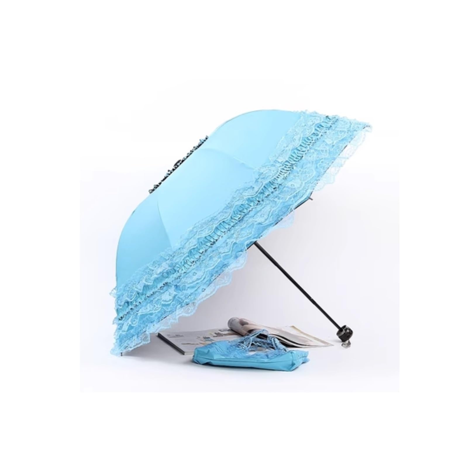Składany parasol Koronkowy damski parasol przeciwdeszczowy słońce czarny parasol składany księżniczka dekoracja chroniąca przed promieniowaniem UV Wiatroodporny (Color : Blue)