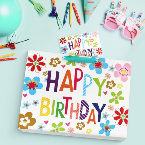 Image of JMANNI Large Happy Birthday Gift Bag with Tissue Papers and Greeting Card, Portable Paper Gift Bags with Handles, Present Bags for Women Girls Birthday Party 13 inch x 10.2 inch x 4.7 inch(Colorful Flowers)