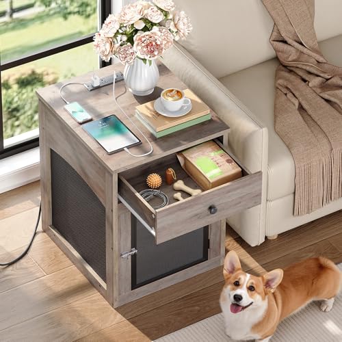 HOOBRO Dog Crate Furniture, Dog Kennel with Drawer and Charging Station, Indoor Decorative Puppy House, Wooden Pet Crate End Table for Small Dogs, Greige and Black BG58UGW03G1 - Image 4
