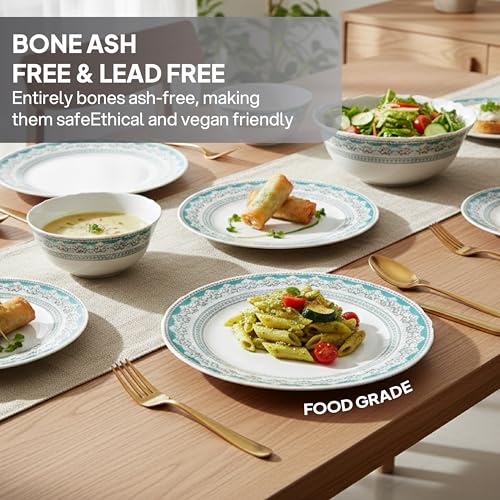 Image of CELLO Celeste Imperial Plus Series Opalware Dinner Set of 27 Piece For Family of 6 | Bone-Ash Free & Leadfree Opal Glass Microwave & Dishwasher Safe Crockery Plates & Bowls Set For Daily Use & Gifting