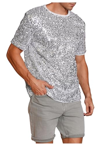 OYOANGLE Men's Sparkly Sequin Shirt Crew Neck Short Sleeve Shiny Tee Tops Nightclub Glitter T- Shirts