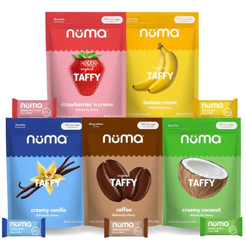 Numa Foods Healthy Chewy & Creamy Candy Variety Pack - Low Sugar, All-Natural, Gluten Free, High Protein - 5 Bags of 10 Individually Wrapped Chews Each of Vanilla Banana Strawberry Coconut Coffee