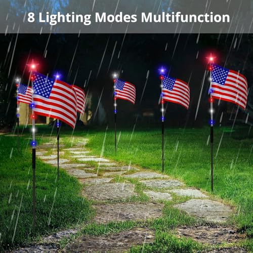 Image of 6 Flag Lights 4th of July Decorations 8 Lighting Modes, 6-in-1 American Flag Solar Lights, Memorial Day Decorations with Red White and Blue Lights for Independence Day Path Garden Decor Yard Pathway