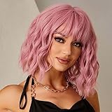 YOSILADY Short Wavy Wig with Bangs for Women Shoulder Length Bob Wigs for Women Pastel Synthetic Heat Resistant Fiber Colorful Cosplay for Girl (Pink)