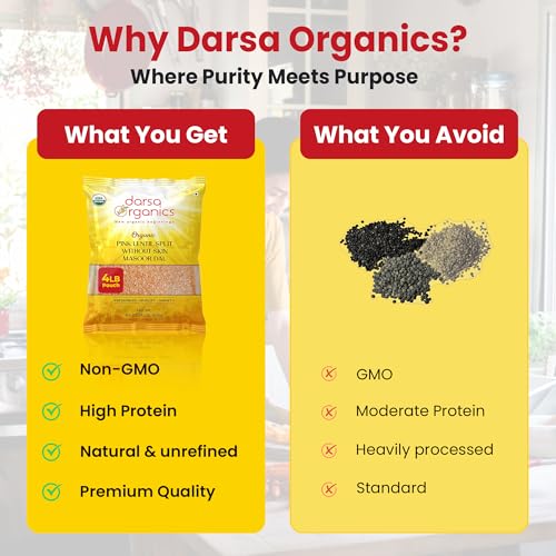 Image of Darsa Organics Red Lentils Masoor Dal - 4 lb USDA Certified Organic, Non-GMO, Gluten-Free, Whole & Split Pink Lentils, Chemical-Free, Rich in Protein and Fiber, Easy to Cook