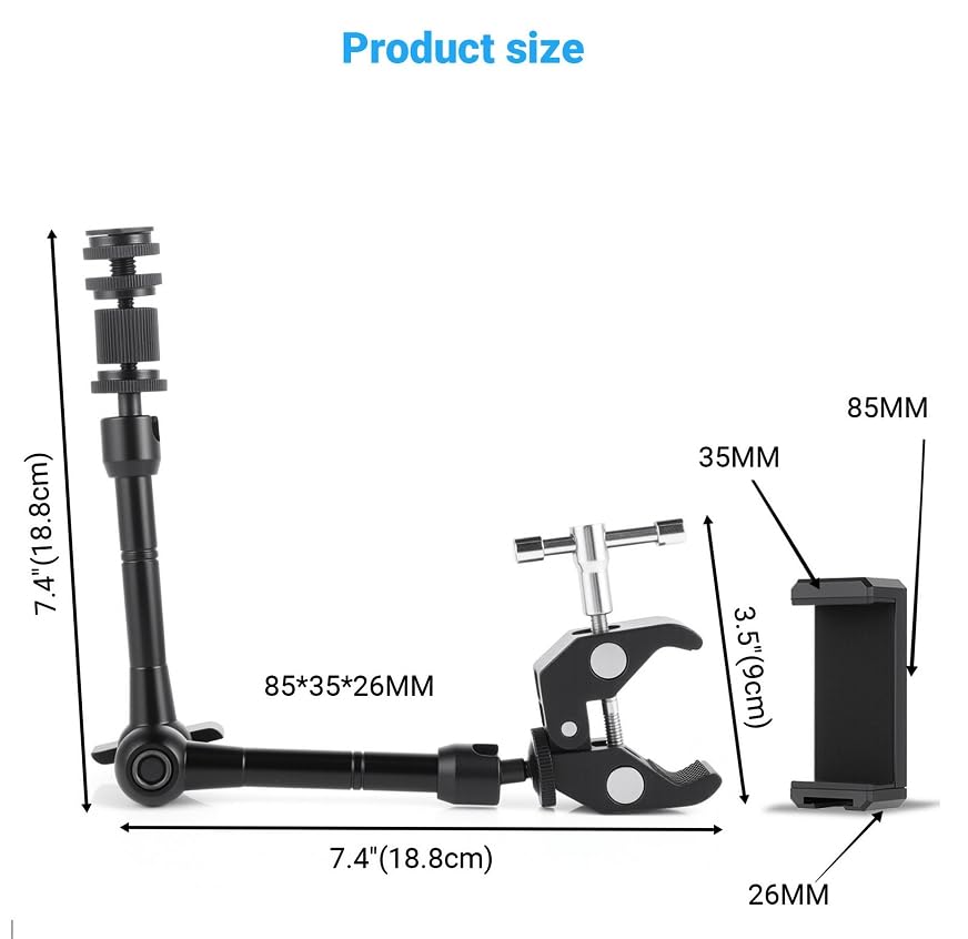 Braccio Magic da 11 pollici, snodato per fotocamera, supporto flessibile, supporto da tavolo con morsetto super, regolabile da 1/4 a 3/8 pollici