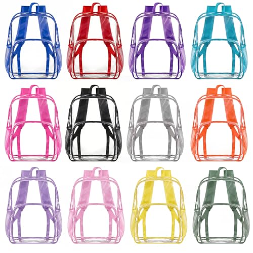 Image of Amylove 12 Pcs Clear Backpack bulk for Stadium Events Heavy Duty PVC Transparent Bookbag for College Workplace Security (15 Inches,12 Colors)