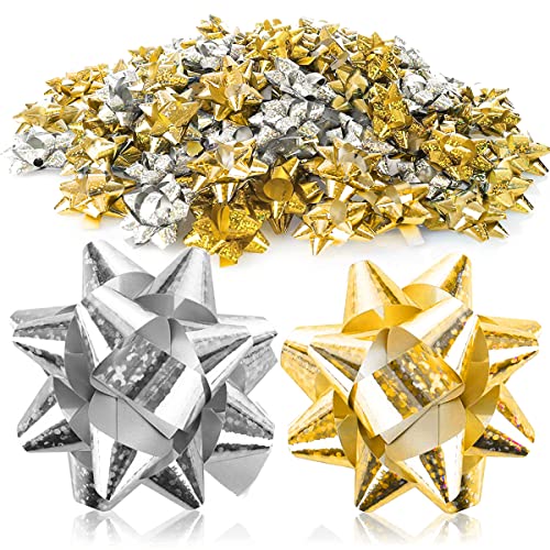 Jonami 100x Lazos de Regalo Pequeños Lazos Decorativos Autoadhesivos - Lazos Listos para Navidad, Cumpleaños y Bodas, Ø 5 cm, Holográfico Oro y Plata