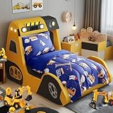 4 Pieces Construction Toddler Bedding Set for Boys Yellow Engineering Vehicle Toddler Bed Set with Bulldozer Tipper Truck Crane Cute Toddler Bed in a Bag with Sheet Set and Pillow Shams - Navy Blue