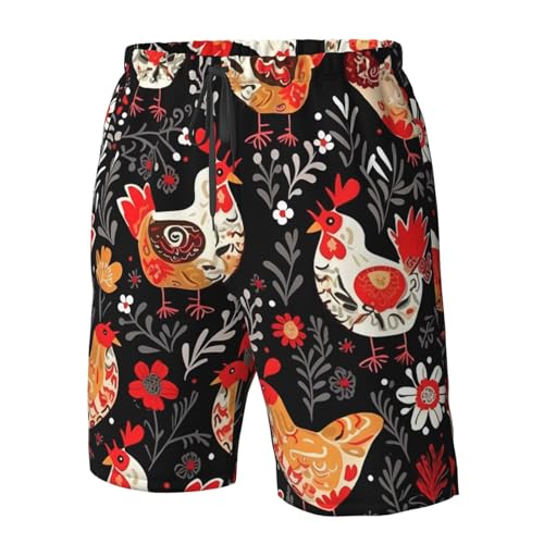 Cute Rooster Chickens Men's Swim Trunks Quick Dry Board Shorts with Pockets Casual Drawstring Beach Shorts4