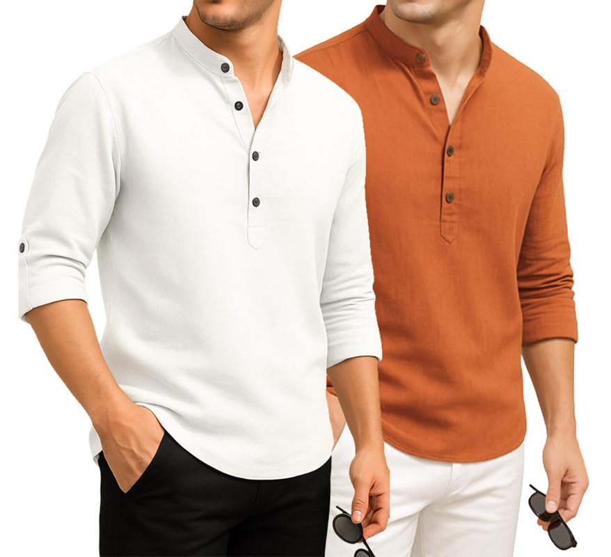 Image of DEELMO Combo of Men's Cotton Blend Solid Regular Fit Full Sleeve Short Kurta | Men's Trendy Short Kurta Pack of 2