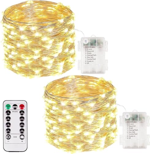 2 Pack Fairy Lights Battery Operated with Remote 33FT 50LED Warm White