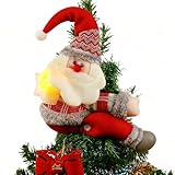Christmas Plush Santa Claus Tree Topper with Light-Up Yellow Star - Multifunctional Xmas Treetop Ornament, Home Curtain Tie & Hugger Wine Bottle Party Decoration