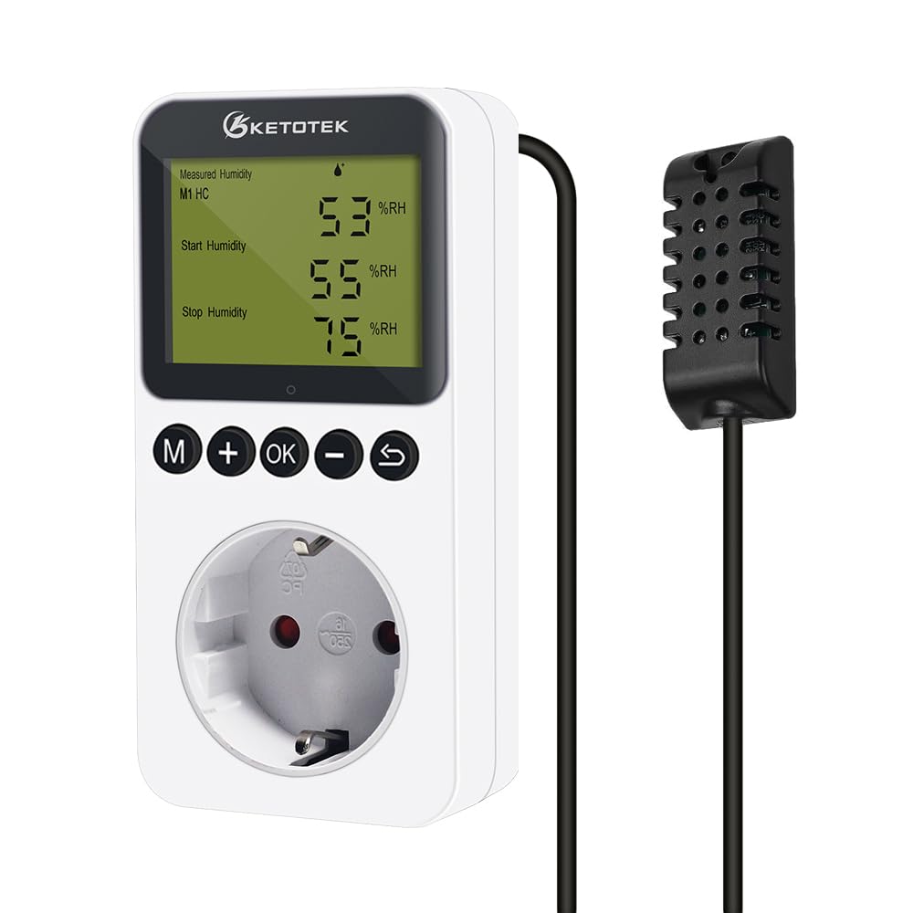 KETOTEK Prise Hygrostat Numérique avec Sonde, Contrôleur Humidité 220V pour Terrarium Reptile Couveuse Incubateur