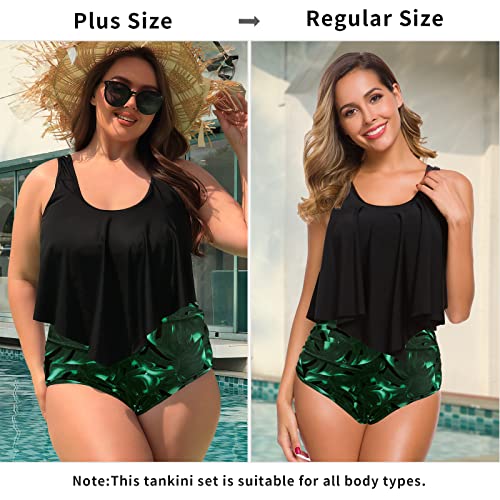 Superprity Tankini Swimsuits For Women Ruched Padded Bathing Suit - L, Black Leaf #TOP1