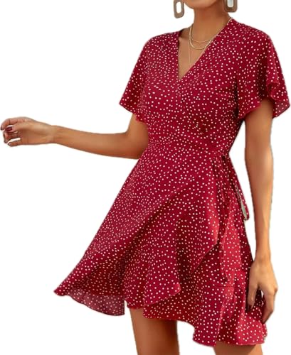 Image of Women's Elegant Floral Dress Coll. (All-Seasons) - Sleeveless /Short /Midi, V-Neck Ruffle, Fashion Casual Party Dresses