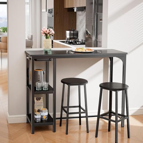 Bealife Bartisch mit Barhocker-Set, Kneipentisch-Set mit 2 Ablagen und Glashalter, Küchen-Bartisch-Set für Küche, Wohnzimmer, Esszimmer (Schwarz)