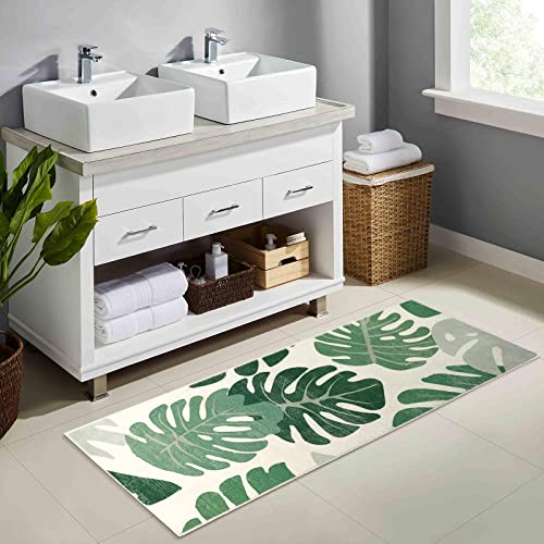 Image of Lukinbox Bathroom Runner Rugs, Green Leaf Non-Slip Bath Mat, Small Long Bath Rugs Cute Soft Microfiber Floor Mats Machine Washable for Living Room, Shower and Tub, 18"x47"