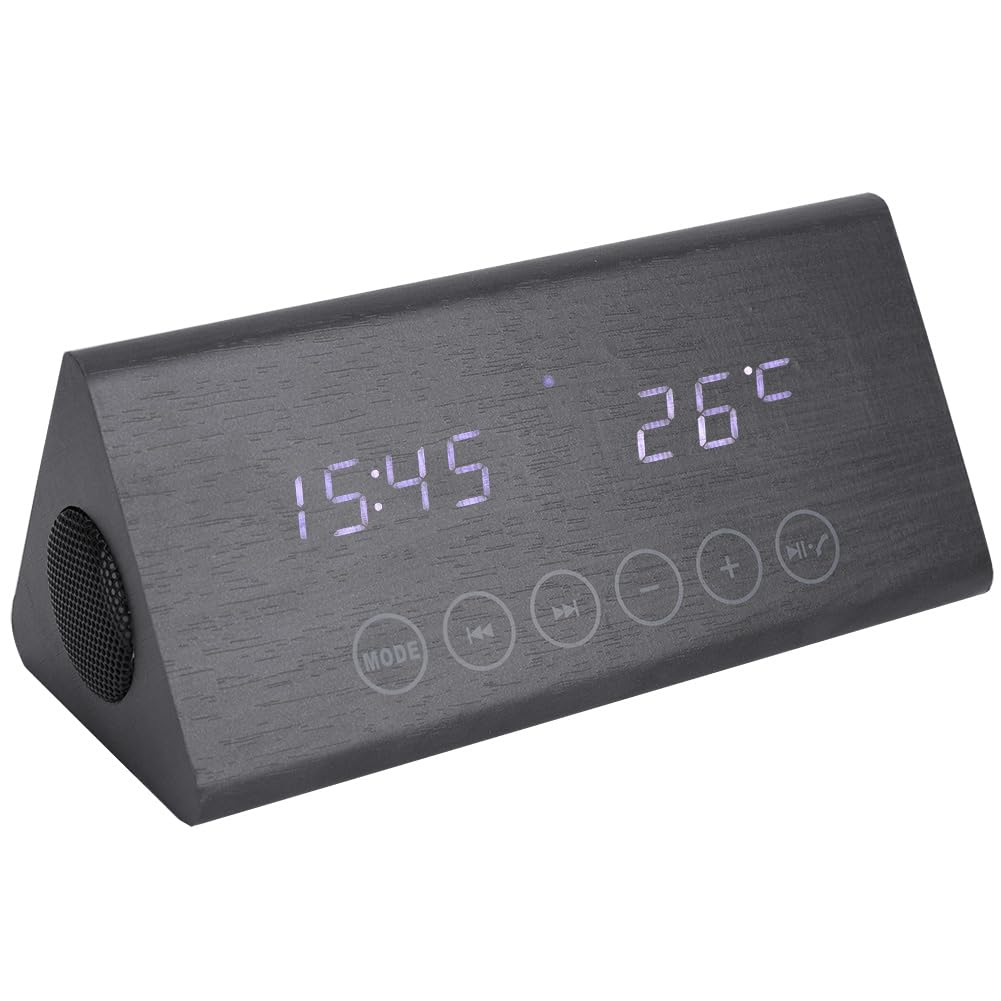 Despertador con Altavoz Bluetooth, Pantalla LED Digital, Termómetro, Radio FM, 5 Alarmas Musicales, para Uso en el Dormitorio de la Oficina en casa (Madera Negra y Letras Blancas.)