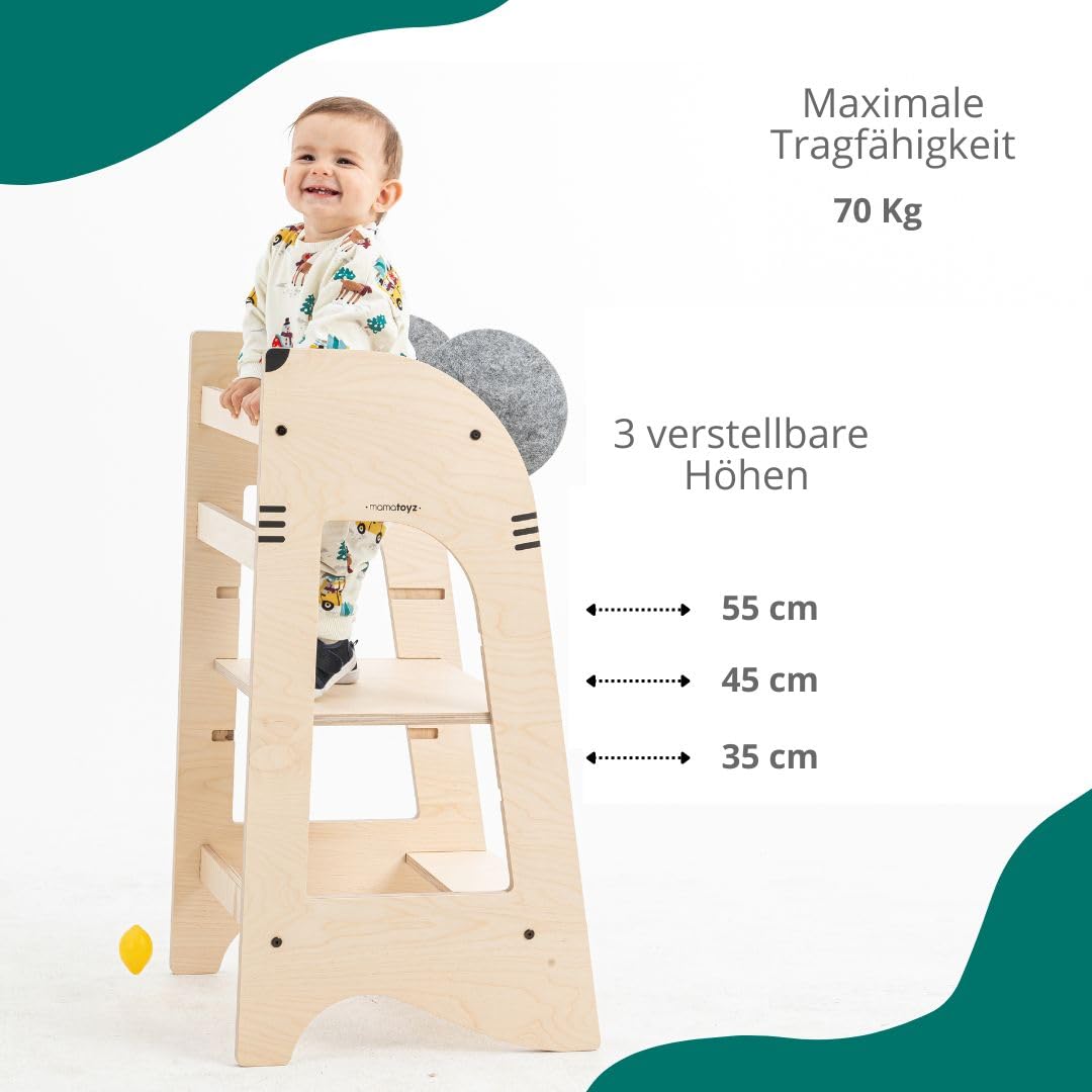 Mamatoyz Kule Topo Mehrzweck-Montessori-Lernturm - Lernturm aus natürlichem Birkensperrholz mit 3 einstellbaren Höhen, ohne scharfe Kanten, mit abgerundeten Kanten.