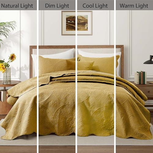 IR Imperial Rooms Twin Quilt Bedding Set Size (68” x 86”) + 1 Pillow Shams (20” x 26” + 2”) - 2 Pcs All Season Lightweight Reversible Microfiber Coverlet Floral Embossed Quilt Bedspread (Ochre)