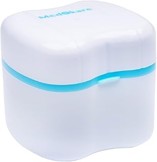 Medokare Denture Case with Strainer, Denture Cup with Lid, Dentures Box, Dental Retainer Container, Denture Bath Cleaning Soaking Cup, Mouth Guard Night or Gum Shield Travel Storage Case