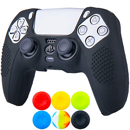 9CDeer 1 Morceau de Silicones Cas Couverture Peau Cover Skin + 6 Thumb Grips pour Manette Playstation 5 / PS5 / Dualsense Noir Cover