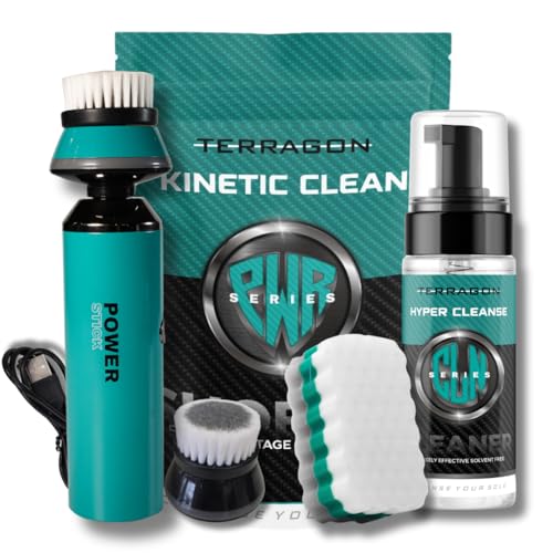 Terragon Kinetic Cleanse Shoe Cleaning Kit with Electric Shoe Cleaner Brush - Hyper Cleanse Remove Tough Stains from Leather, Nubuck, Fabric Shoes - Bonus Shoe Cube for Soles, Color-safe, Solvent-free