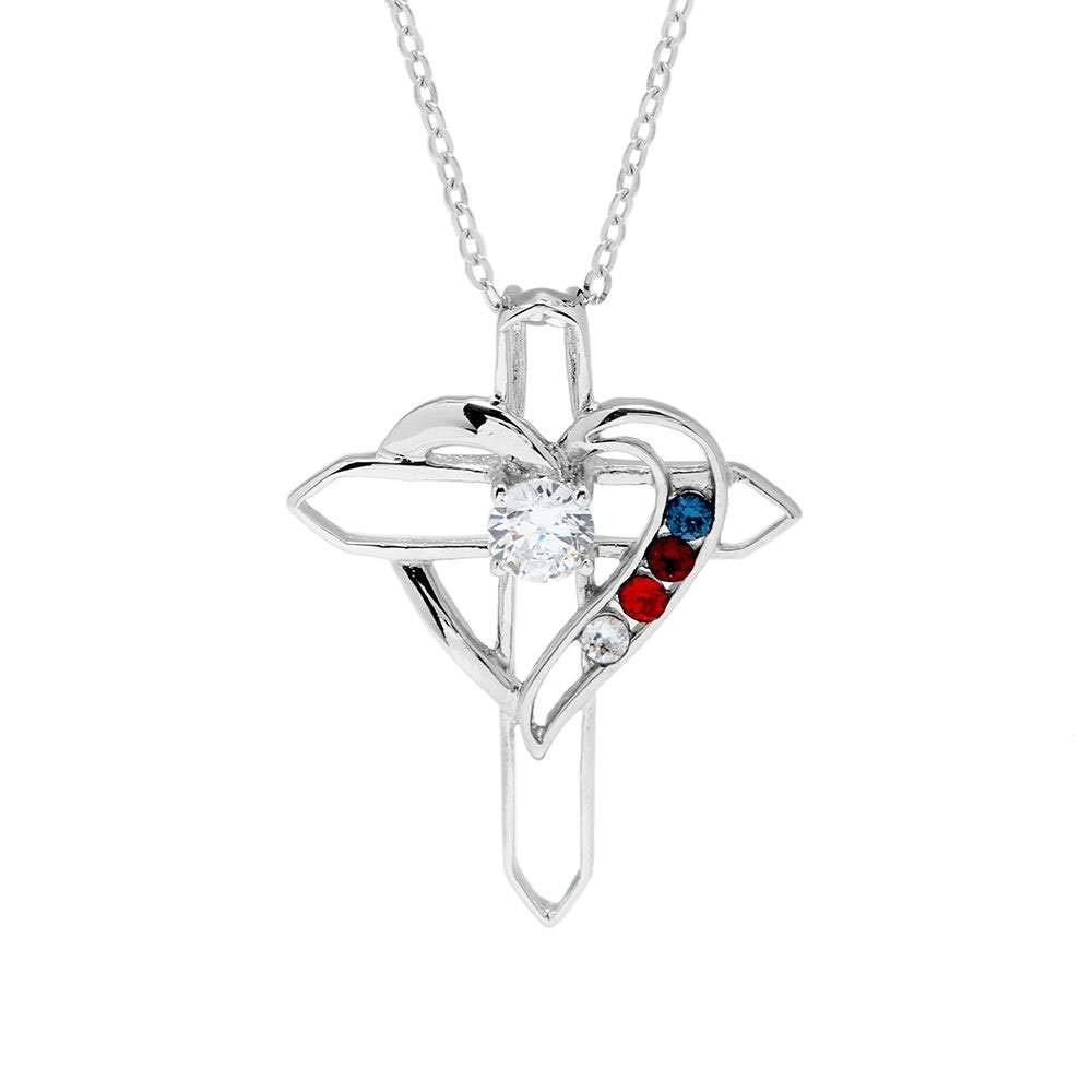 4 Simulated Stone Heart with Cross Sterling Silver Pendant