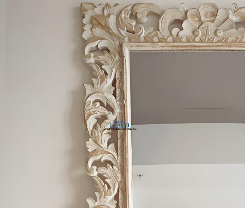 Image of Wooden Mirror Frame for Wall Decoration | 6x3 Feet Wall Mount | Solid Mango Wood | Handcrafted Carved Frame | White Distress Finish | Rectangular | Without Mirror
