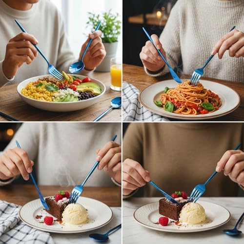 Image of 5 Pcs Blue Cutlery Set for Dining Table the Perfect Lightweight Silim Handle Tableware Including Dinner Spoon, Dinner Fork, Dinner Knife, Dessert Spoon & Dessert Fork