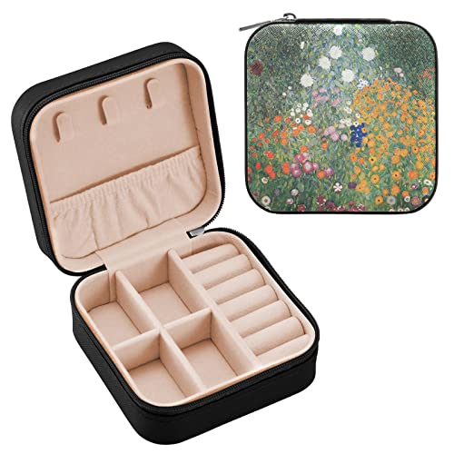 Joyero de viaje Gustav Klimt Flower Garden de piel sintética, cuadrado, organizador de joyas para mujer