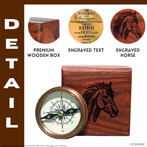 Brújula de 2 pulgadas con caja de madera y grabado de caballo miniatura 3
