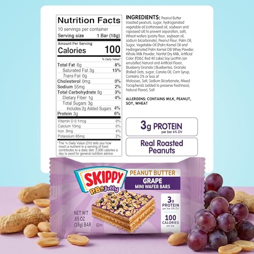 Image of SKIPPY Peanut Butter Wafer Bars Mini | Grape Jelly Flavored Coating | Peanut Butter Wafers with Real Fruit & Oats on Top | Sweet & Creamy Dessert Snacks | 0.65 oz (18g) Per Bar, 10-Pack