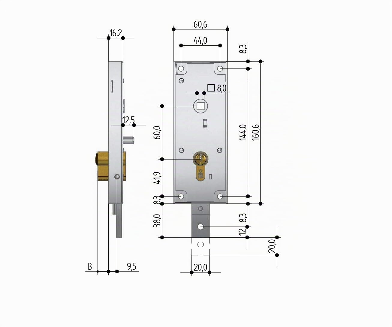 serratura per basculante/garage cilindro a profilo europeo interasse 60 mm